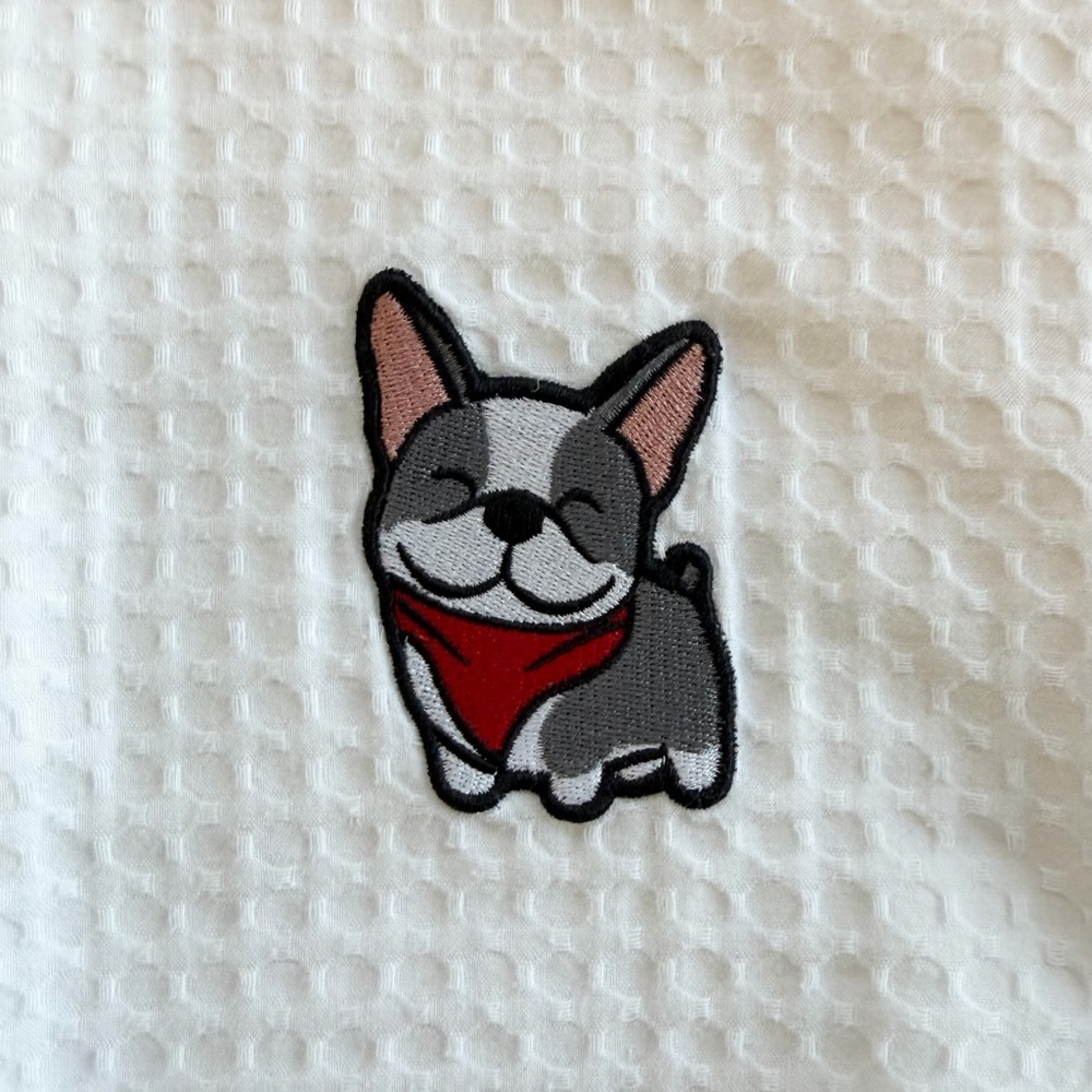 White Cotton French Bulldog Embroidered Robe by Calla Angel New York - Picture 7 of 9